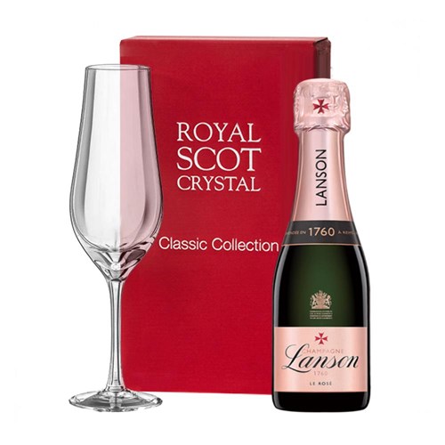 Mini Lanson Le Creation Rose Champagne 20cl and Royal Scot Classic Collection Flute In Red Gift Box